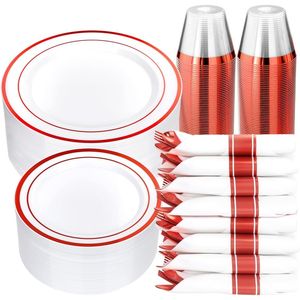 Kit di Articoli per Feste Usa e Getta di Lusso per 50 Ospiti, Set di Stoviglie in Plastica Rossa da 350 Pezzi, Include 50 Piatti per Cena e Dessert - Product Image 1