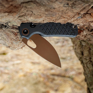 Couteaux pliants marron avec manche texturé diamant noir, lame ovale, fente d'ouverture, trou pour cordon, pour camping et utilisation extérieure - Product Image 5