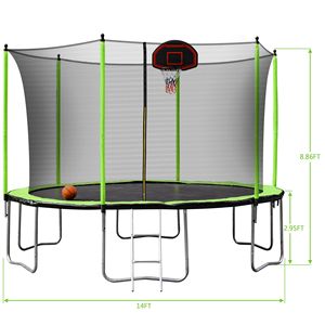 14FT Green <b>Trampoline</b> with Basketball Hoop Inflator and Ladder Inner Safety <b>Enclosure</b> for Jumping Toys - Product Image 4