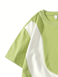 Camiseta Oversize para Hombre con Bloques de Color, Manga Corta, Cuello Redondo, Casual, Tejido Sólido, 100% Algodón, Ribete en Contraste Verde y Blanco - Product Image 4