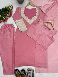 Women Embroidered Reversible Straight <b>Kurta</b> Set Dupatta Pink <b>Silk</b> Traditional Ankle Length Regular Fit - Product Image 6