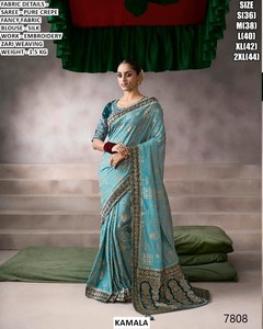 Sari pour femme Myra Rani Heritage Fendy en crêpe brodé, traditionnel, pour mariage et fêtes d'hiver, infroissable et anti-humidité - Product Image 4