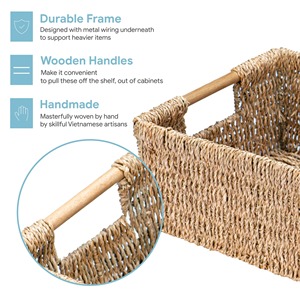 Seagrass <b>basket</b> with <b>wooden</b> handle Handmade <b>Storage</b> <b>Basket</b> Wholesale ecofriendly Made in Viet Nam - Product Image 6