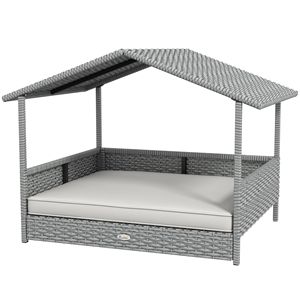 Cuccia per Cani in Vimini Bianco Crema con Tettoia Esterna, Letto in Rattan, Cuscino Impermeabile, Arredamento per Animali Domestici - Product Image 1