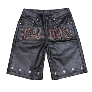Custom Street Wear <b>Men</b> <b>Shorts</b> Heavyweight Design Metal Rivets Rhinestone Leather <b>Patch</b> Denim <b>Shorts</b> Black Wax Coated Jeans - Product Image 1