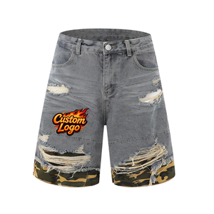 Shorts de Mezclilla para Hombre, Lavados, con Logotipo Bordado Personalizado, Desgastados, con Parches de Camuflaje, Shorts Casuales de Moda para Verano - Product Image 4