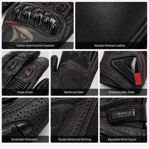 Gants de course DRAVELLE INDUSTRY en cuir respirant à doigts entiers avec fermeture auto-agrippante rouge et noir pour homme - Product Image 5