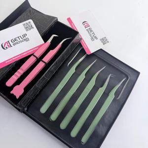 Ensemble de pinces professionnelles pour extensions de cils, en acier inoxydable rose, antistatiques, pinces de précision pour cils, droites, courbées, 45 degrés - Product Image 1