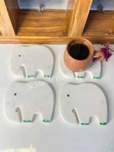 Ensemble de sous-verres en pierre sculptée à la main en forme d'éléphant, figurine animale décorative pour la maison, blanc avec accents verts - Product Image 2