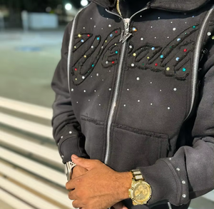 Sweat à capuche streetwear pour homme de haute qualité, personnalisé, délavé, effet soleil, avec fermeture éclair, broderie 3D en strass, coupe oversize, 100% coton, automne - Product Image 4