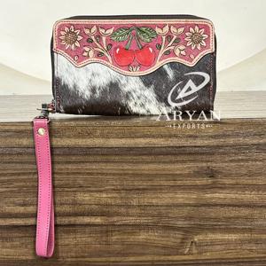 Cartera de Lujo con Patrón de Cerezas y Grabado en Relieve, de Cuero Genuino de Vaca, con Cremallera Perimetral y Correa de Muñeca, Organizador para Mujer - Product Image 1