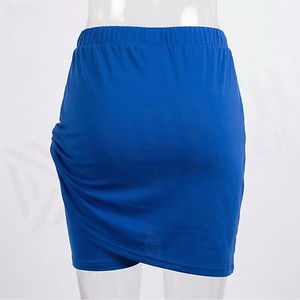 Women's Blue Asymmetrical Mini <b>Skirt</b> With Drawstring <b>Elastic</b> Waist Sporty Style Solid Color Knitted Fabric - Product Image 2