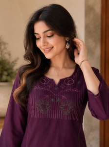 Women Purple Dhabu Cotton <b>Kurti</b> Pant Set With Embroidery Work Casual Wear Loose Fit Ankle Length <b>Indian</b> Pakistani Style - Product Image 3