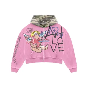 Light Blue Graphic Cropped Zip Hoodie | <b>Camo</b> Hood Oversized Streetwear <b>Jacket</b> | Custom OEM Private Label Manufacturer - Product Image 3