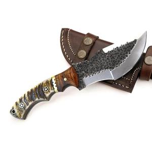 Couteau de chasse artisanal de haute qualité en acier Damas sur mesure, lame pleine longueur, manche en corne de cerf, étui en cuir, OEM - Product Image 1