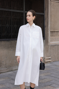 Vestido Camisero Midi Casual de Verano para Oficina, Manga Larga, Minimalista, Transpirable, Popelina 100% Algodón, Hilo Prelavado con Enzimas, Cierre de Botones al Frente - Product Image 4