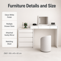 Ensemble de meubles de chambre moderne avec coiffeuse en verre blanc, miroir, commode avec tiroirs de rangement et tabouret assorti pour l'intérieur de la maison et la salle de bain