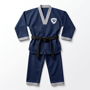 Uniforme de Taekwondo bleu marine unisexe, vêtements d'arts martiaux respirants avec bordure grise et logo - Product Image 1