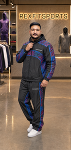 REXFIT SPORTS 2026 Custom <b>Men</b>’s Black Nylon Tracksuit Set Full Zip Hooded <b>Jacket</b> and Pants Printed Panels Custom Sportswear - Product Image 4