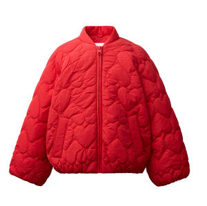 Veste matelassée à motif cœur rouge, fermeture éclair, coupe-vent, manteau d'hiver unisexe, décontracté, coupe ample, longueur courte - Product Image 1