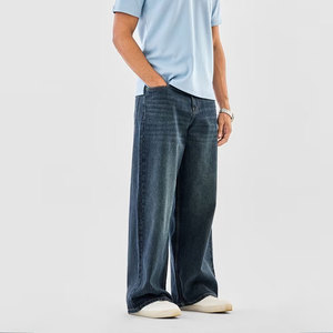 Pantalones vaqueros de hombre de pierna ancha con lavado a la piedra, cintura media, cierre de botones, de algodón casual, transpirables, de mezclilla tejida, moda de otoño - Product Image 2