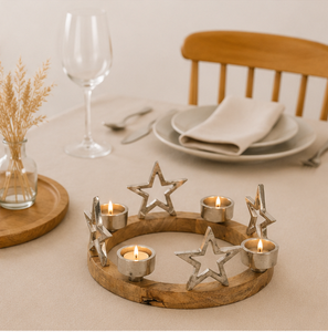 Handmade Natural Mango Wood Advent Wreath Candle Holder With Silver Metal Stars Round Christmas Table Centerpiece For Home Decor - Product Image 3