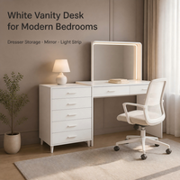 Coiffeuse moderne en verre blanc avec miroir, tiroirs de rangement et bande lumineuse chaude pour chambre, salle de bain, bureau à domicile