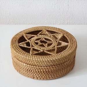 <b>Decorative</b> round rattan box with flower pattern lidded basket <b>for</b> sale braided organizer <b>boxes</b> - Product Image 5