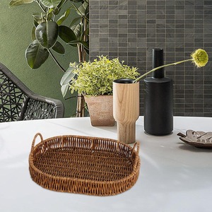 Handwoven Rattan Storage Basket Oval Woven Tray with Handles for Bread Fruit <b>Snacks</b> Home Display - Product Image 4