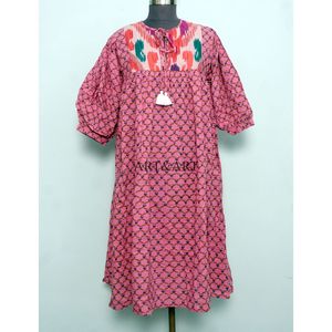 Lot de 2 Robes Midi Bohèmes d'Été Coupe Trapèze, Imprimé Floral Doux, 100% Coton, Col en V, à Paillettes, Décontractées, Manches 3/4, Lavables, Coupe Ample - Product Image 1