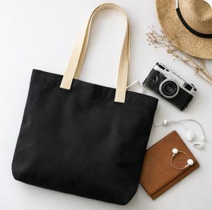 Sac fourre-tout en toile noire personnalisé avec poignées beiges, grand sac de shopping, usage quotidien, poignée longue, sacs fourre-tout en coton - Product Image 1