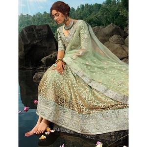 Awesome Zeel Clothing Green <b>Sequins</b> Net Semi-Stitched Reception Wear Lehenga Choli 2.5kg/2kg - Product Image 3