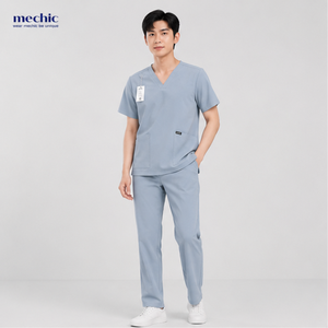 Ensemble de blouses médicales bleu clair pour hommes, col en V, en tissu tissé poly-rayonne-élasthanne, infroissable et anti-humidité - Product Image 1