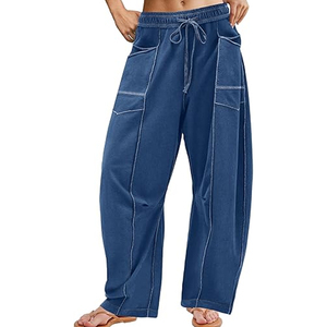 Women Soft Lounge Cargo Pants Wide Leg Sweatpants High Waist <b>Drawstring</b> Casual Loose Fit Streetwear - Product Image 1