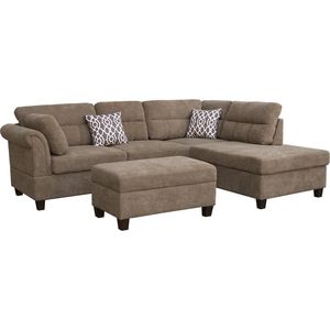 Divano Sezionale Diego 263 cm in Tessuto Marrone con Chaise Longue Orientata a Destra e Pouf Contenitore, 2 Cuscini Decorativi per Soggiorno - Product Image 2