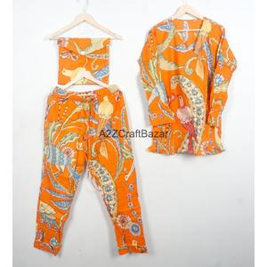 Conjunto de Pijama de Algodón con Estampado Floral Naranja para Mujer, Hecho a Mano, Manga Larga, Cuello en V, Cintura con Cordón Ajustable, Ropa de Dormir Informal de 2 Piezas - Product Image 6