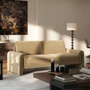 Divano da soggiorno in velluto performante beige marrone cammello con braccioli ad arco Mason 85 pollici - Product Image 1