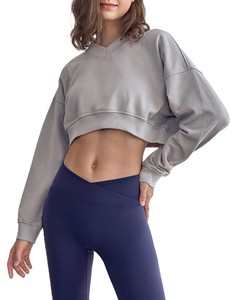 Sudadera Corta Gris para Mujer, con Hombros Caídos, Manga Larga, Color Sólido, Informal, de Invierno, Tejida, 100% Algodón, Transpirable, de Secado Rápido - Product Image 2