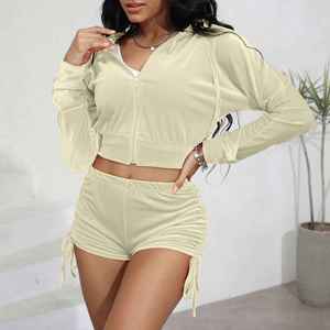 Conjunto de Sudadera Corta con Capucha y Pantalones Cortos para Mujer, con Logotipo Personalizado, Tejido Acanalado, Dos Piezas, Estilo Deportivo Informal, para Primavera y Otoño, Venta al por Mayor - Product Image 6