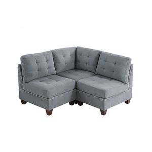 Poltrona da Soggiorno Senza Braccioli in Tessuto Grigio Effetto Lino con Gambe in Legno e Borchie, 1 Pezzo, con Cuscino - Product Image 6