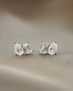 Pear & <b>Emerald</b> Cut Diamond Toi Et Moi <b>Stud</b> Earrings in White Gold | Elegant Minimalist Fine Jewelry Wedding Gift for Women - Product Image 1