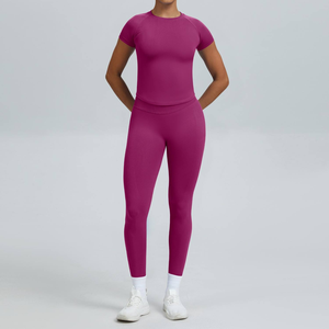 Conjunto de 2 Piezas para Yoga, Cuello Redondo sin Tirantes, Manga Larga, Cintura Alta, Largo Completo, Sin Costuras, Transpirable, Estampado, Ropa Deportiva, Elástico en 4 Direcciones - Product Image 1