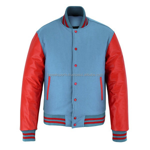 Chaqueta Varsity 2026 OEM Premium Azul Cielo con Mangas de Cuero Rojo para Hombre, Chaquetas Calefactables Hechas a Medida 100% de Alta Calidad con MOQ Bajo - Product Image 1