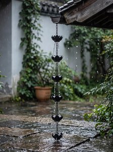 Chaîne de pluie noire de luxe, design lotus, faite à la main, finition polie, décoration extérieure pour la maison et le jardin, chaîne décorative en métal suspendue - Product Image 5