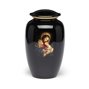 Urna Funeraria de Metal Negro Brillante con la Virgen María y el Niño Jesús - Recipiente Conmemorativo para Cenizas Humanas de Adultos - Urna Funeraria Religiosa de la Virgen María - Product Image 1