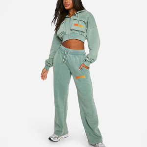 Wholesale Custom Solid Embroidered Rhinestone Lace Vintage Winter Hip Hop Zip-Up Crop Hoodie Sweatpants <b>Tracksuit</b> - Product Image 1