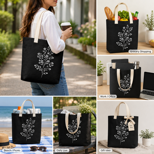 Sac fourre-tout en jute noir avec imprimé floral blanc, poignées crème, style minimaliste, toutes saisons - Product Image 5