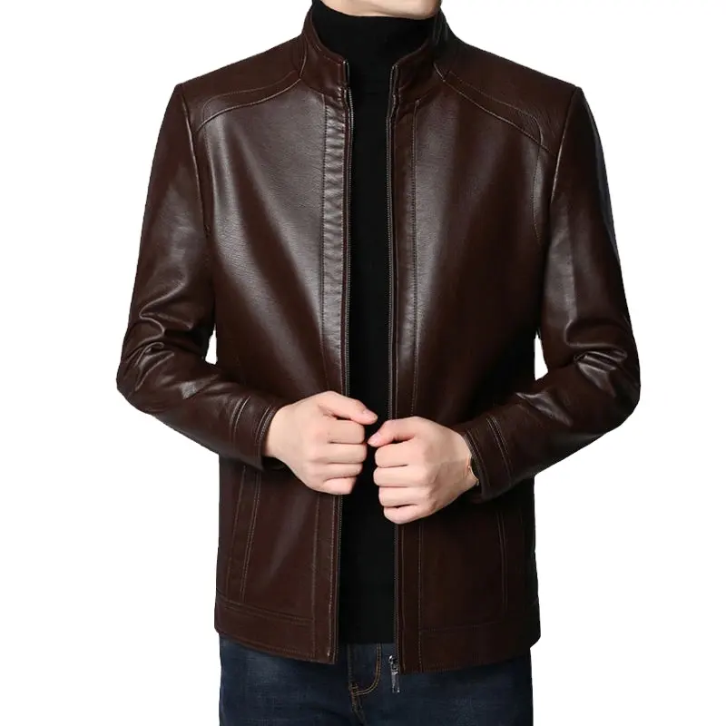 Wholesale High Quality Casual Winter Coat Stand Collar Motorcycle Pu Leather Jacket for Men With Pocket