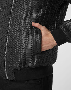 Blouson Bomber Noir en PU Gaufré pour Homme, Style Moto Biker, Col Montant, Fermeture Éclair, Coupe Droite, Idéal Automne - Product Image 4