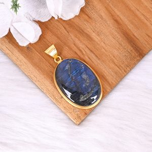 Pendentif ovale en laiton fait main avec pierre précieuse naturelle classique en labradorite - Product Image 3